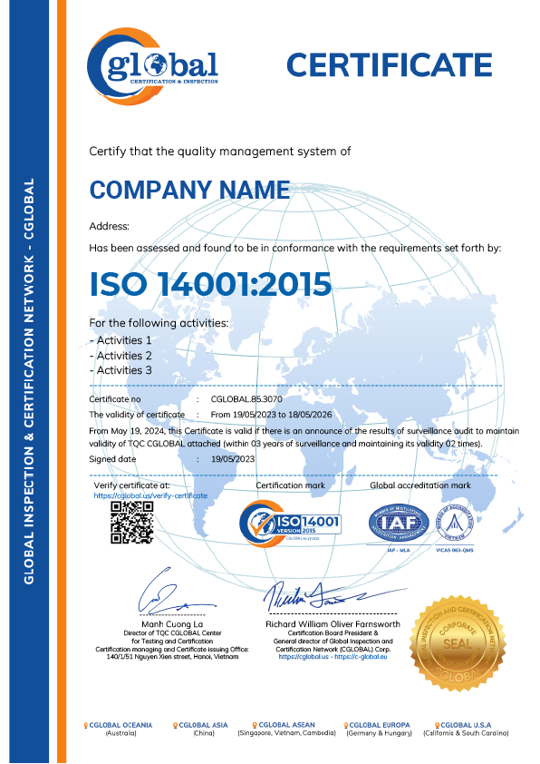 ISO 14001 certificate sample