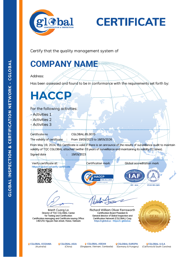 HACCP certificate sample