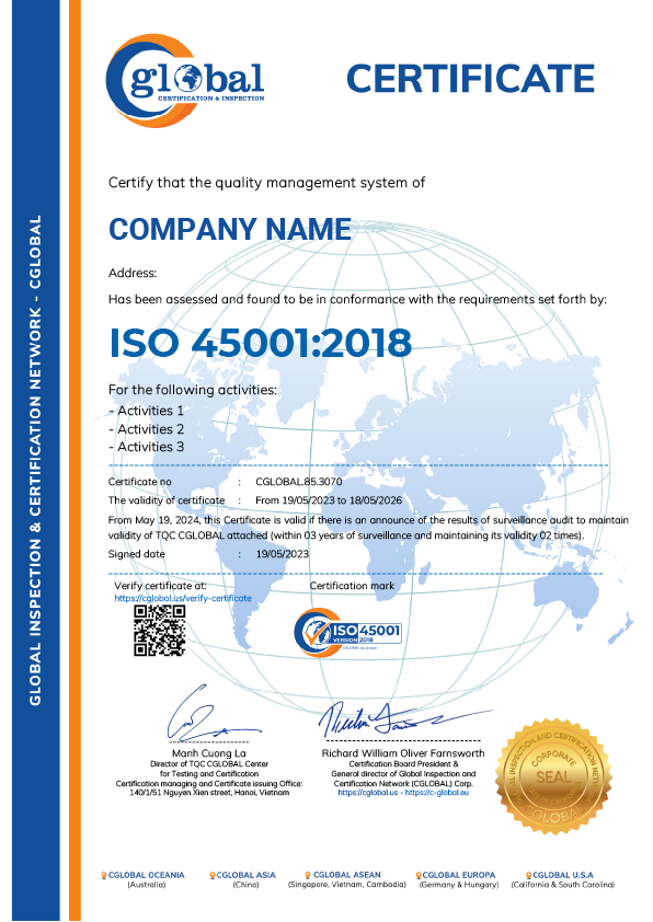 ISO 45001 Certificate sample